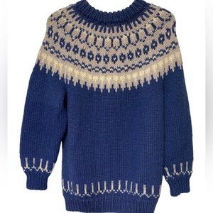 Handknit acrylic blend fair isle oversized sweater blue white fits Sz S long
